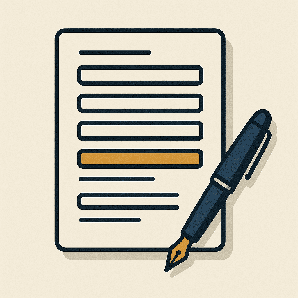 Illustration of a legal form with structured fields and a fountain pen