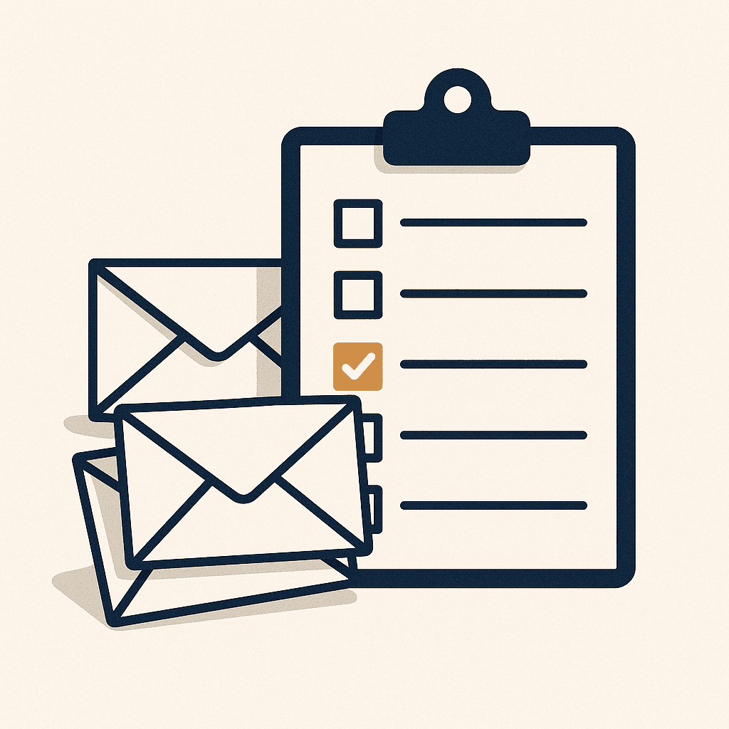 Illustration of envelopes beside a mailing checklist